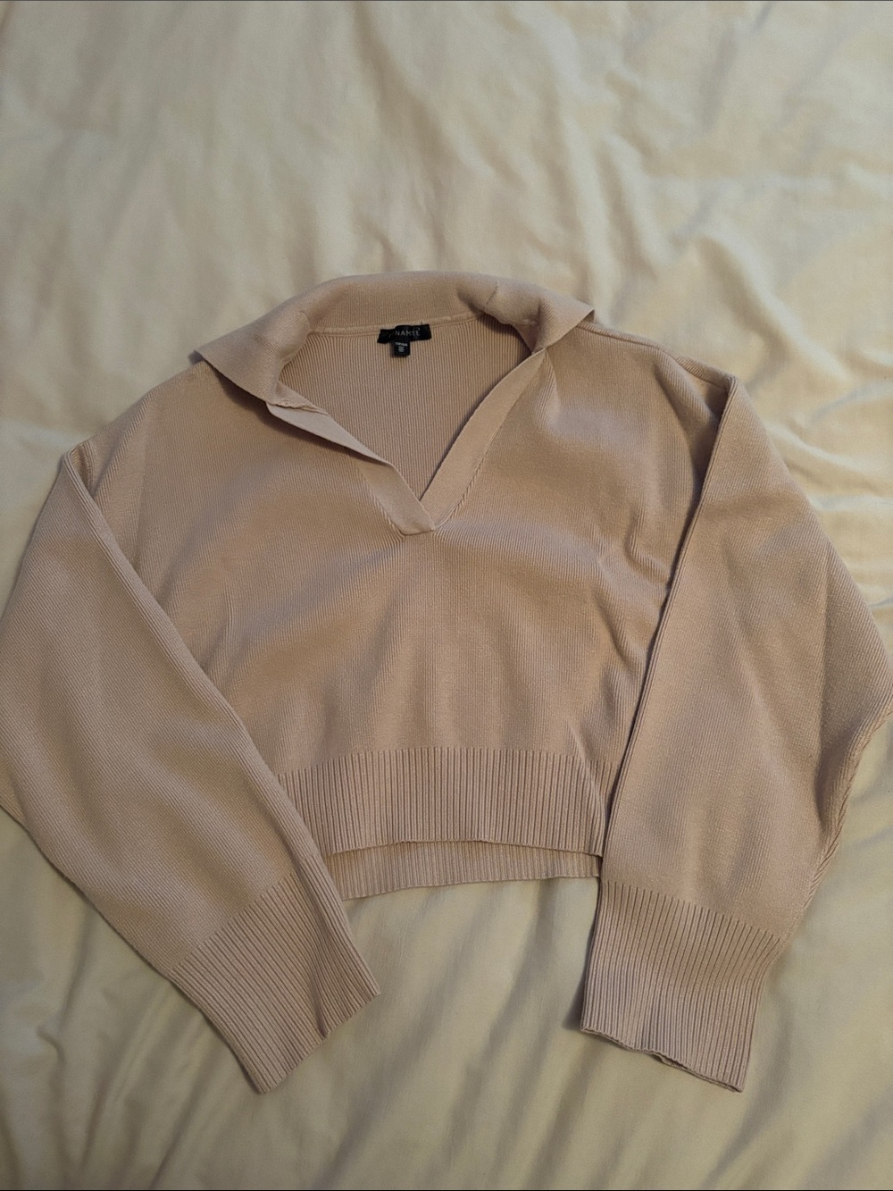 Dynamite Beige Collared V-Neck Cropped Sweater